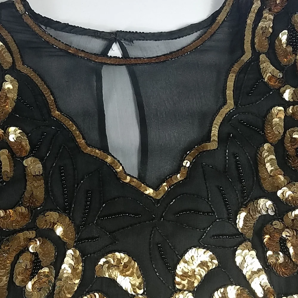 Lawrence Kazar, Black and Gold Sequined top, Sz L - Picture 2 of 8